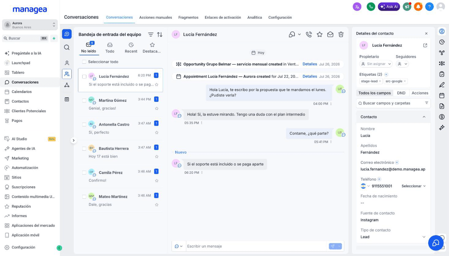 La bandeja de Managea con WhatsApp, Instagram y email en una sola pantalla